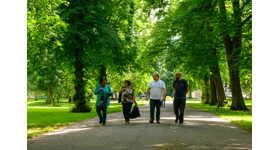 Group of four people walking through a park