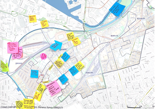 A map of Trafford covered in post it notes as research for Right to the Streets.