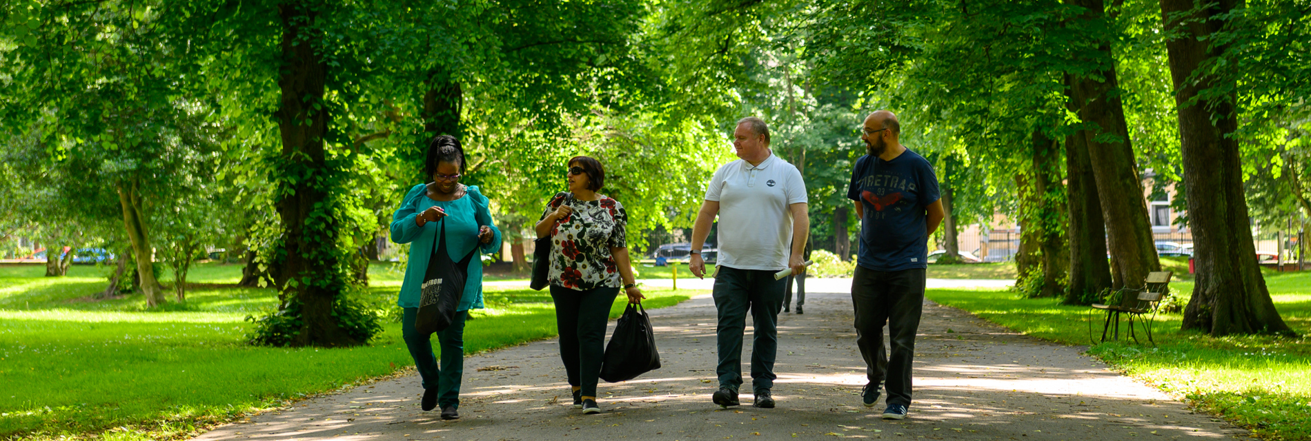 A group of adults walk and talk on a sunny path in a green park